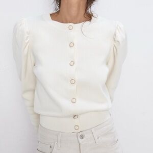 Zara puff sleeve ivory cardigan